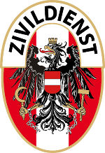 Das Zivildienstabzeichen zeigt den Österreichischen Bundesadler auf rot-weiß-rotem Hintergrund mit dem abgerundeten Zivildienst Schriftzug